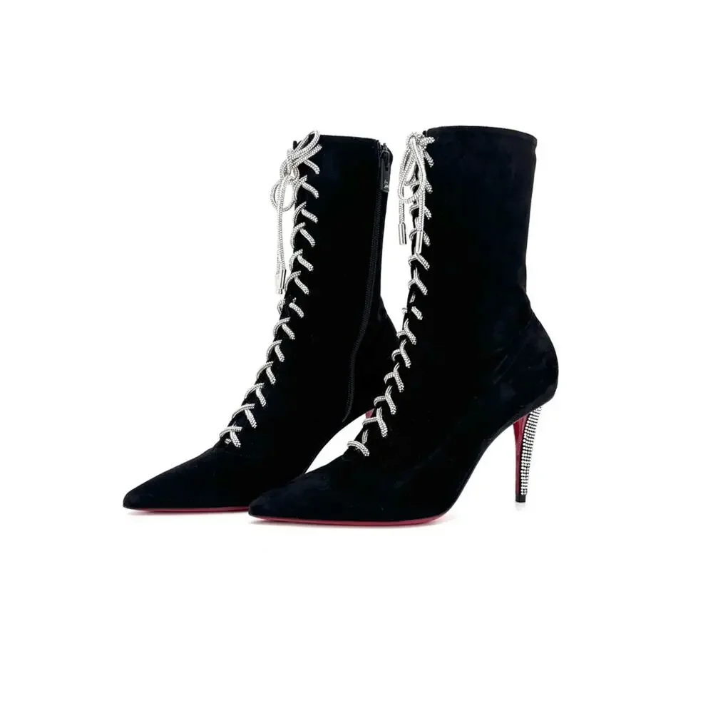 NEW Christian Louboutin Astrid Lace Strass Booty 85 Embellished Boots 37 - Picture 4 of 10